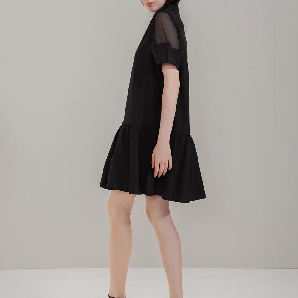 Dropwaist Mesh Sleeve Shirt Mini Dress - Black - POCKETS